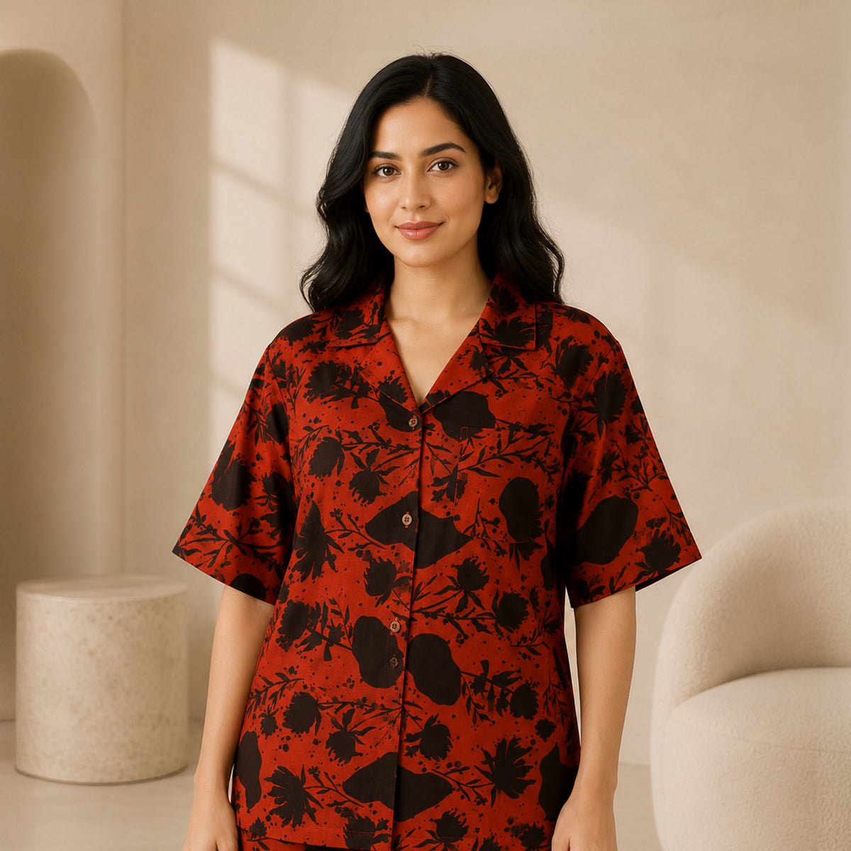 Women’s Dual Tone Rust Leaf Print Half Sleeve Shirt & Pajama Set