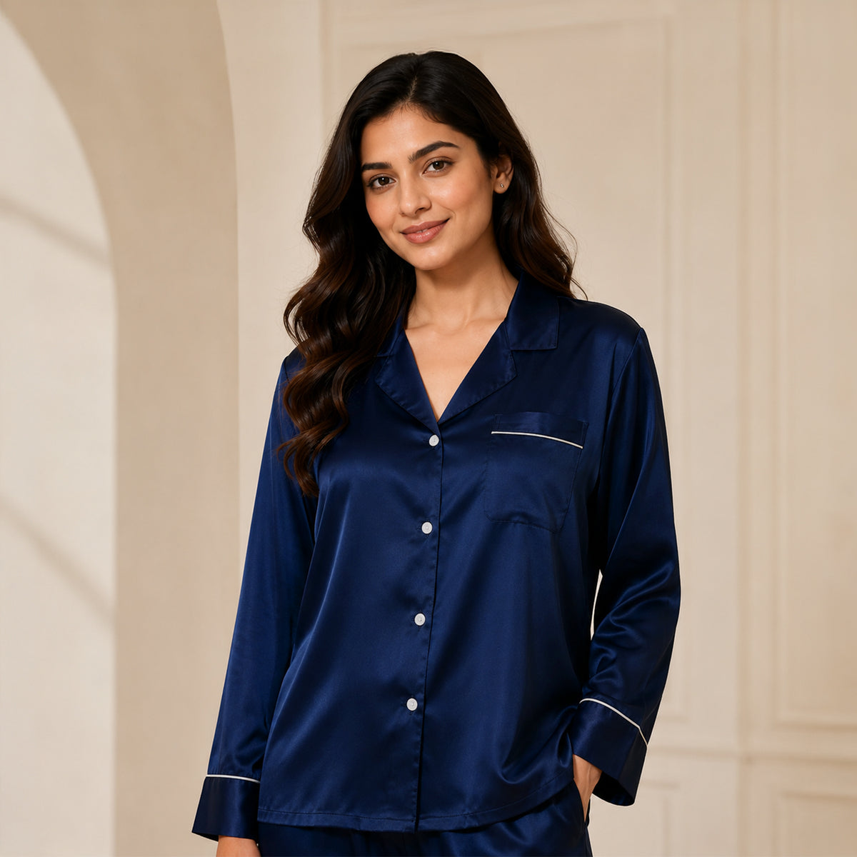 Women's Navy Satin Full Sleeve Shirt & Pyjama Set