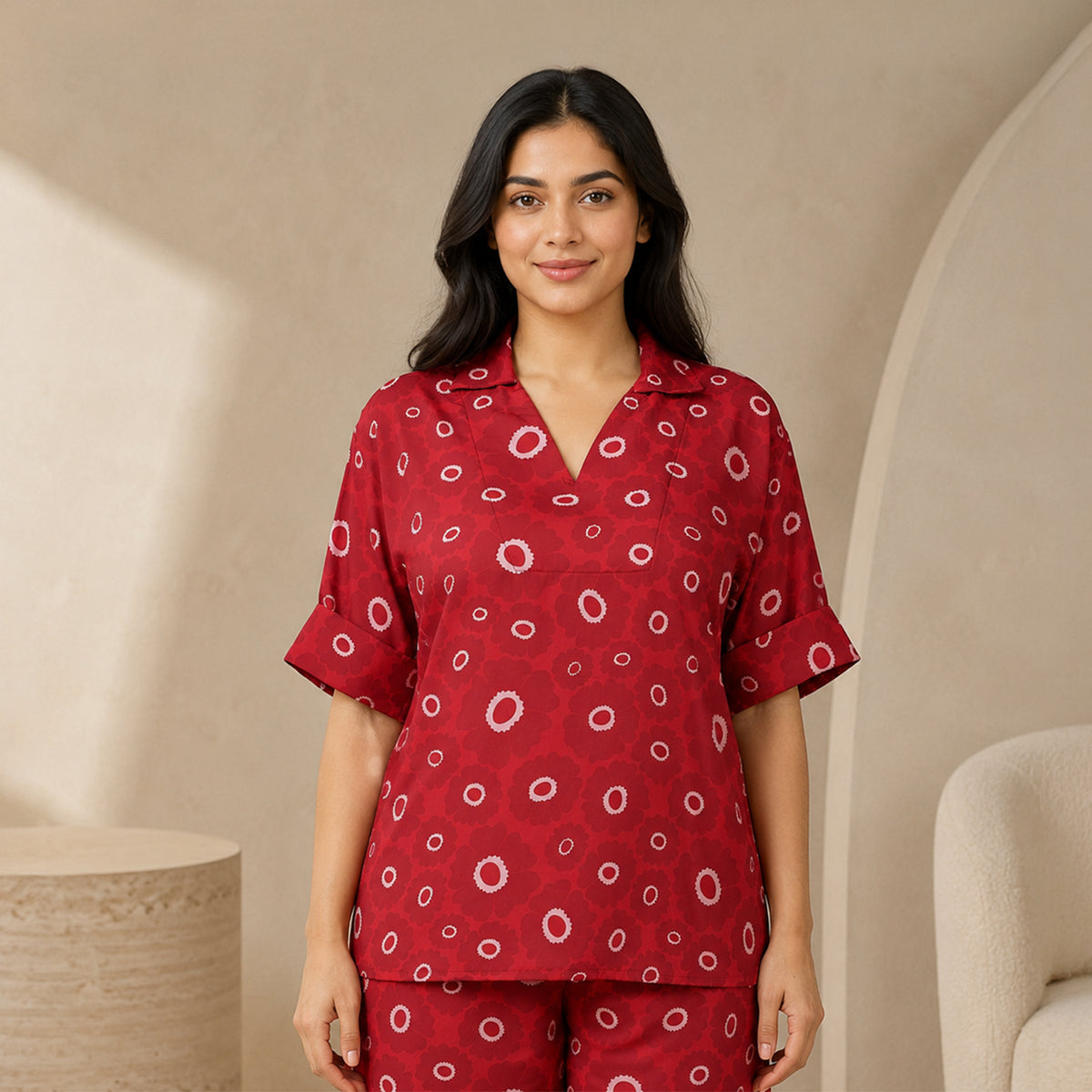 Women’s Red Floral Print Relaxed V-Neck Top & Shorts Set