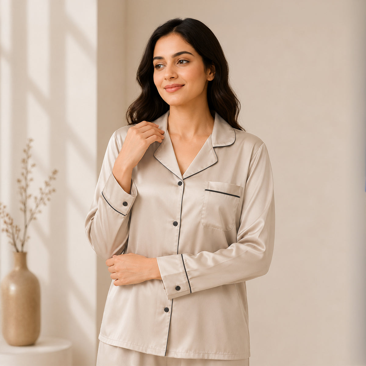 Women's Sand Beige Satin, Full Sleeves Shirt & Pyjama Night Set