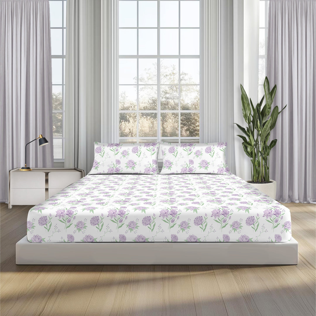 Lavender Primerose, 100% Cotton Double Bedsheet, 180 TC with 2 Pillow Cover