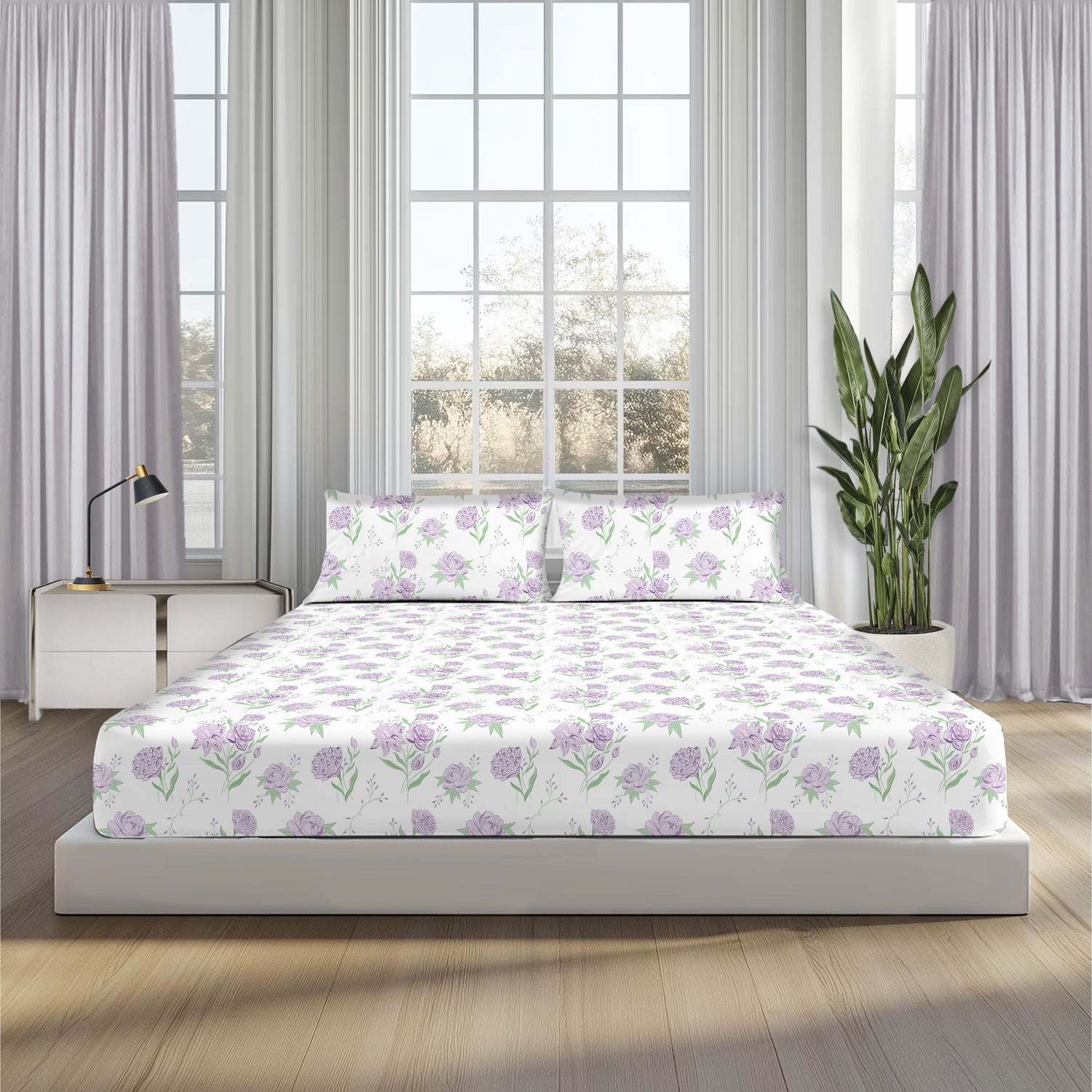 Lavender Primerose, 100% Cotton Double Bedsheet, 180 TC with 2 Pillow Cover