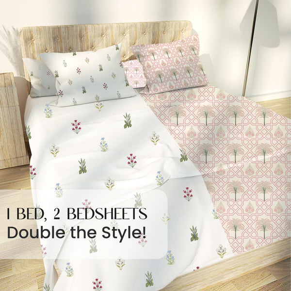 Jaipuri Floral Motifs and Palm Tree Jaipuri Maze in Ivory Queen Size Bedsheet (Combo)