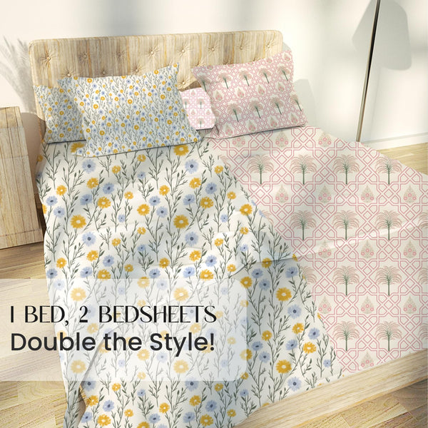 Ditsy Florals and Palm Tree Jaipuri Maze in Ivory King Size Bedsheet (Combo)