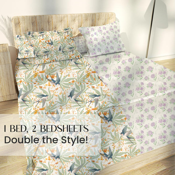 Lavender Primerose and Fall Birds Flora Queen Size Bedsheet (Combo)
