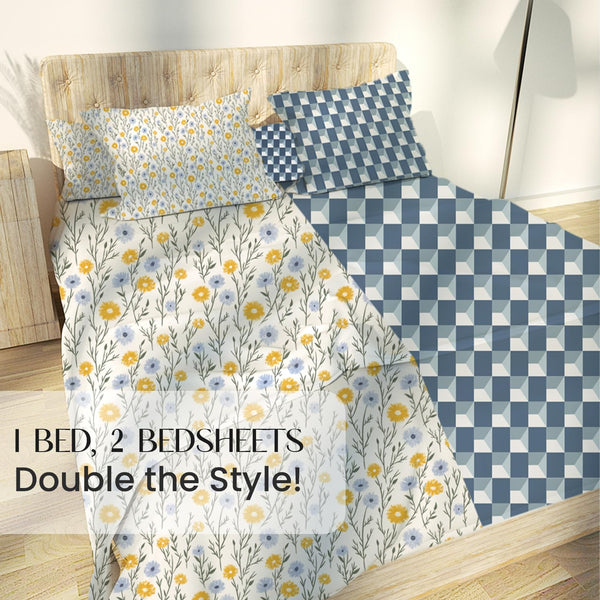 Ditsy Florals and Window Maze in Teal-Blue Queen Size Bedsheet (Combo)