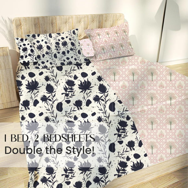 Palm Tree Jaipuri Maze in Ivory and Midnight Blooms Queen Size Bedsheet (Combo)
