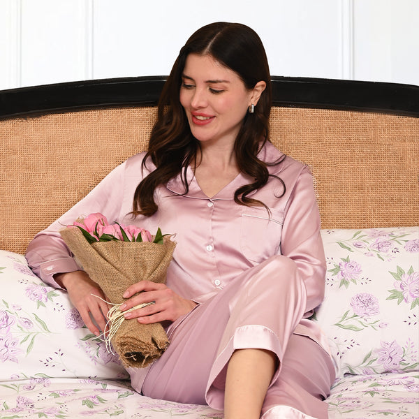 Women's Ballerina Pink Satin, Full Sleeves Shirt & Pyjama Night Set