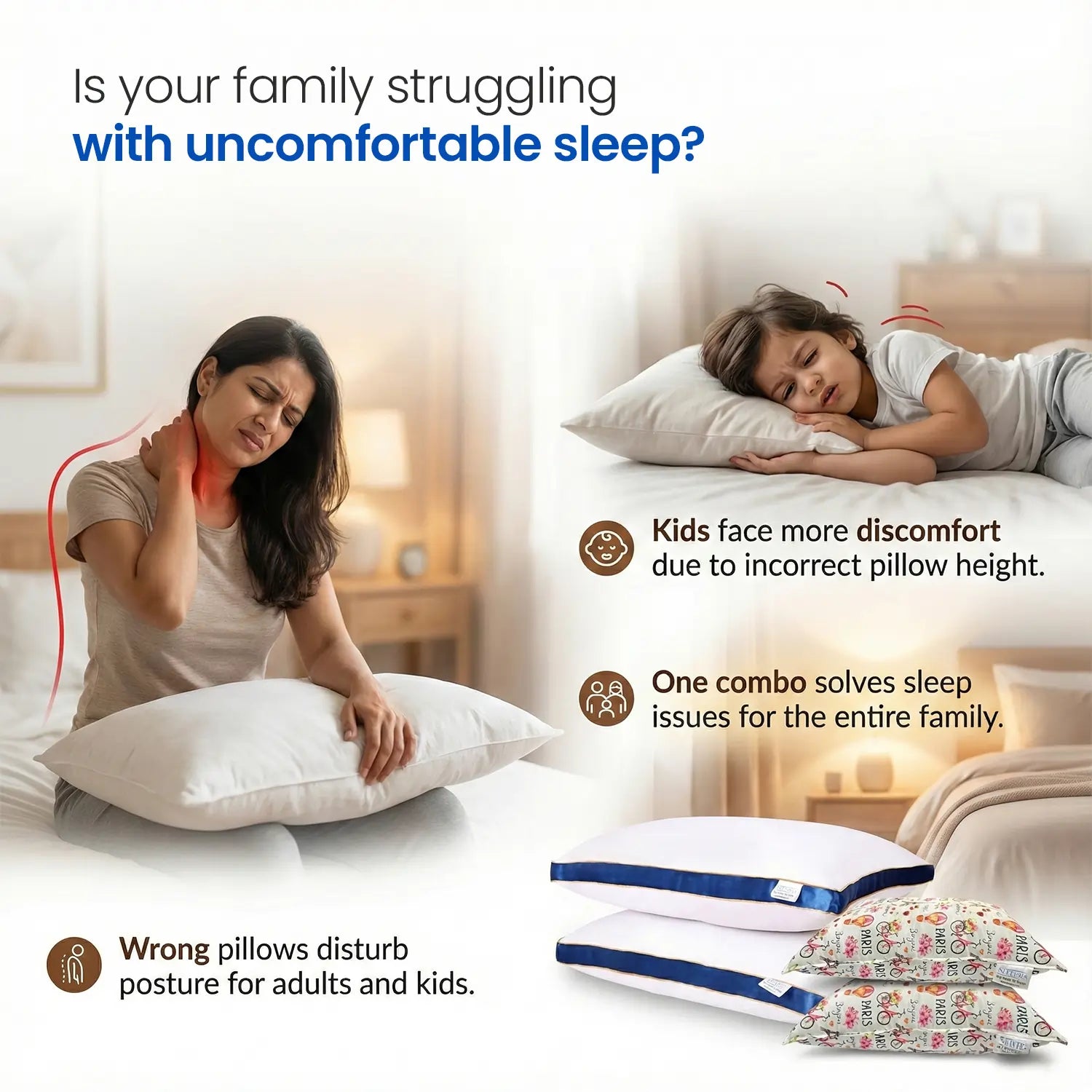 Family Pillow Set – Father, Mother & Kid Pillow (2 Microfiber + 1 Baby Pillow)