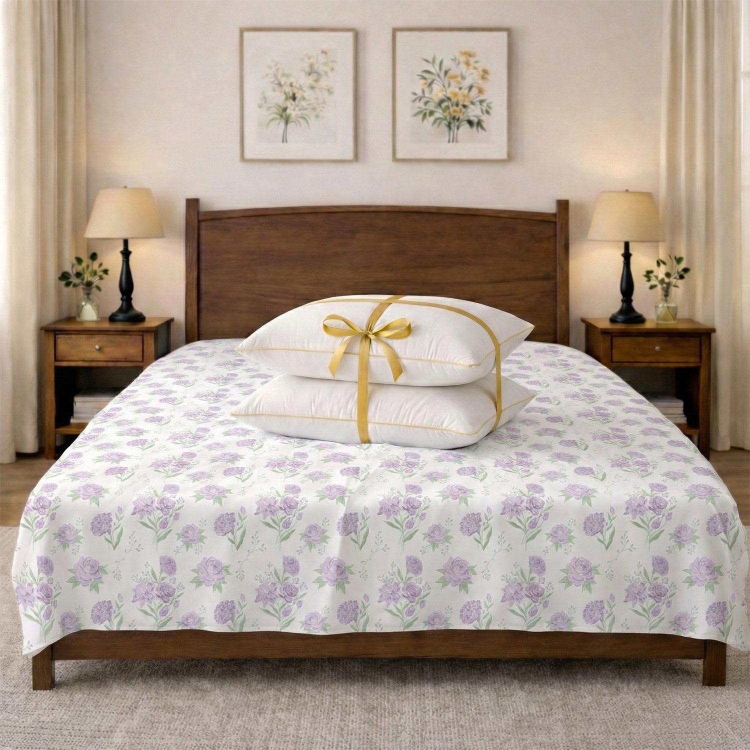 Lavender Primerose Bedsheet (Queen) + Golden Piping (2 Pack)