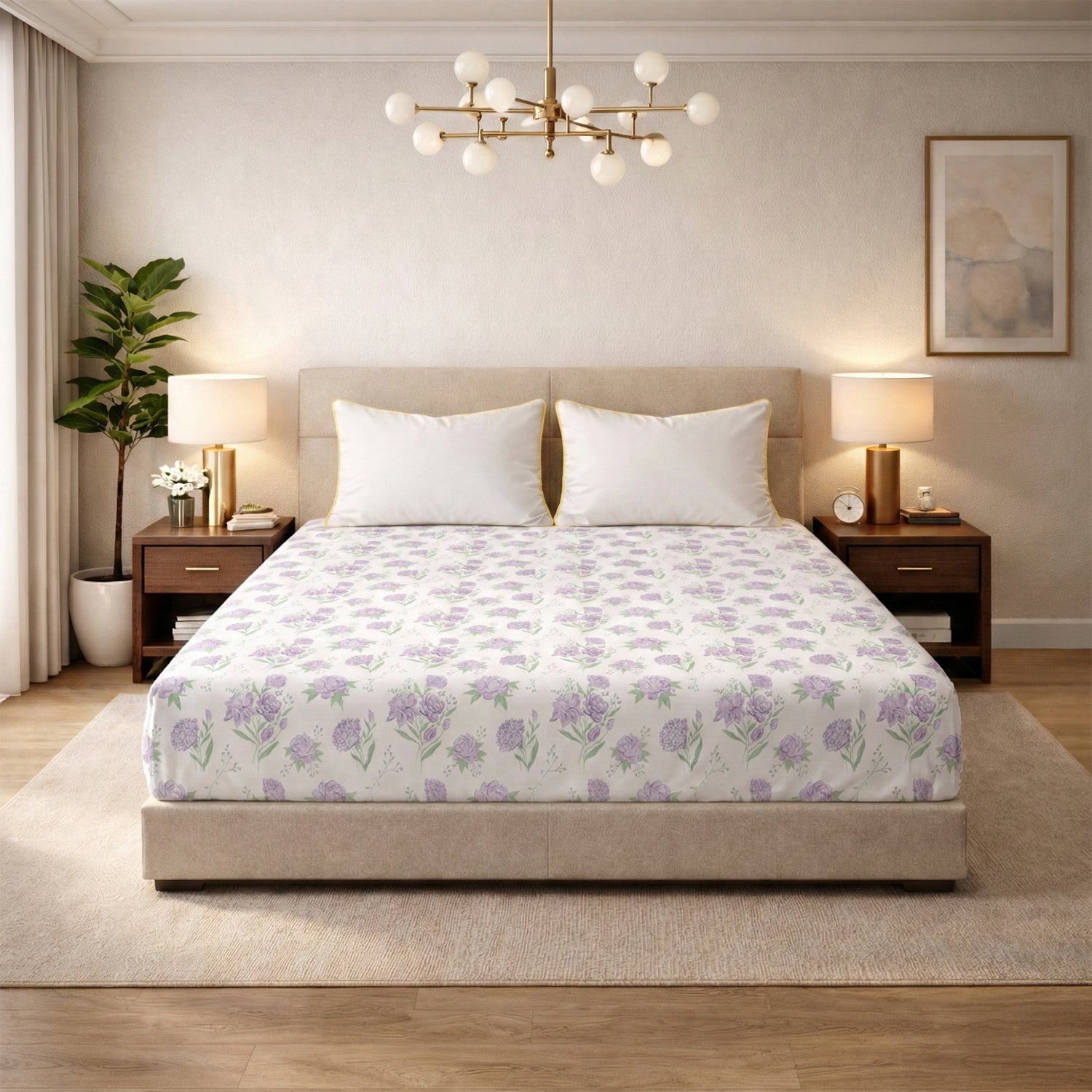 Lavender Primerose Bedsheet (Queen) + Golden Piping (2 Pack)