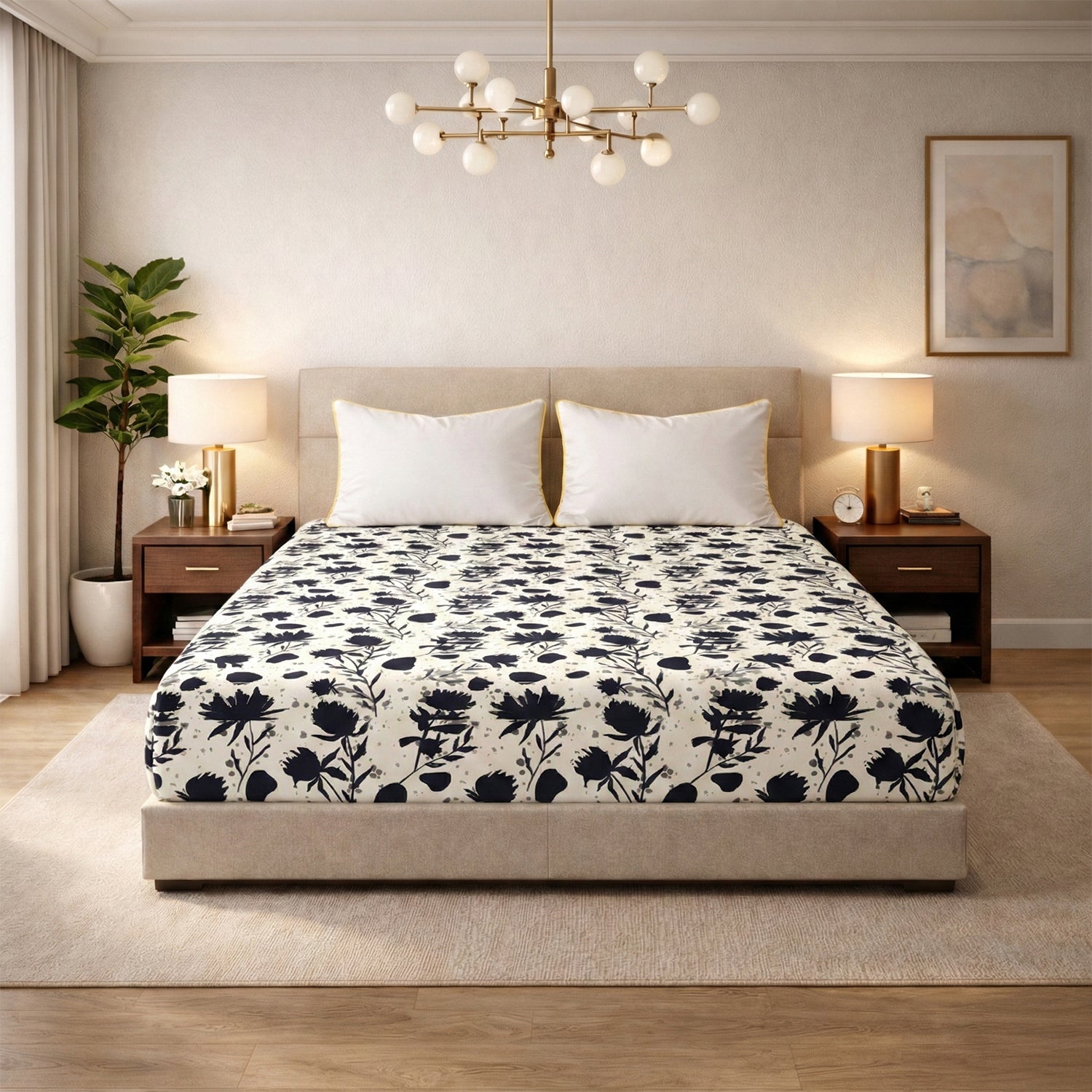 Midnight Bloom Bedsheet (Queen) + Golden Piping (2 Pack)