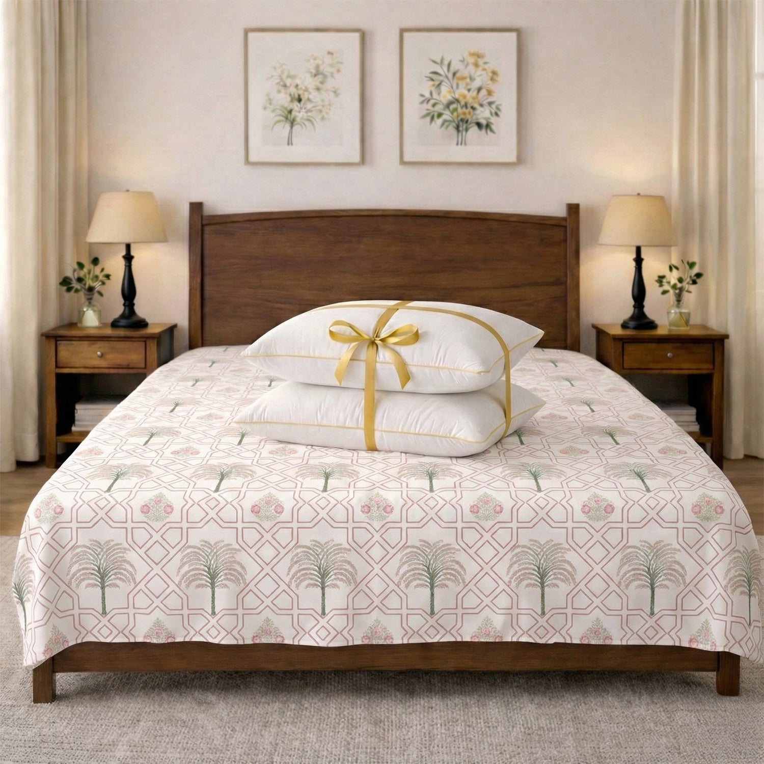 Palm Tree Jaipuri Maze in Ivory Bedsheet (Queen) + Golden Piping (2 Pack)