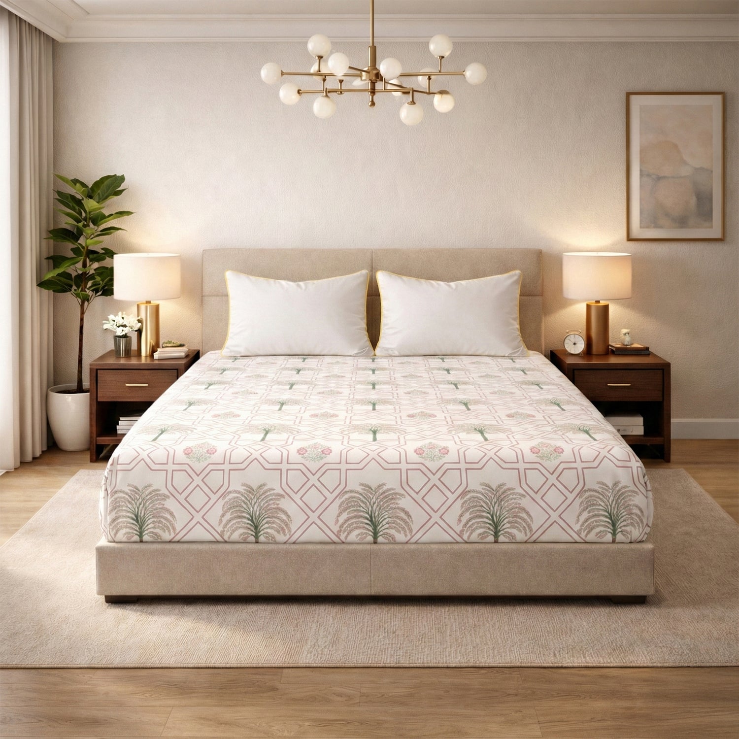 Palm Tree Jaipuri Maze in Ivory Bedsheet (Queen) + Golden Piping (2 Pack)