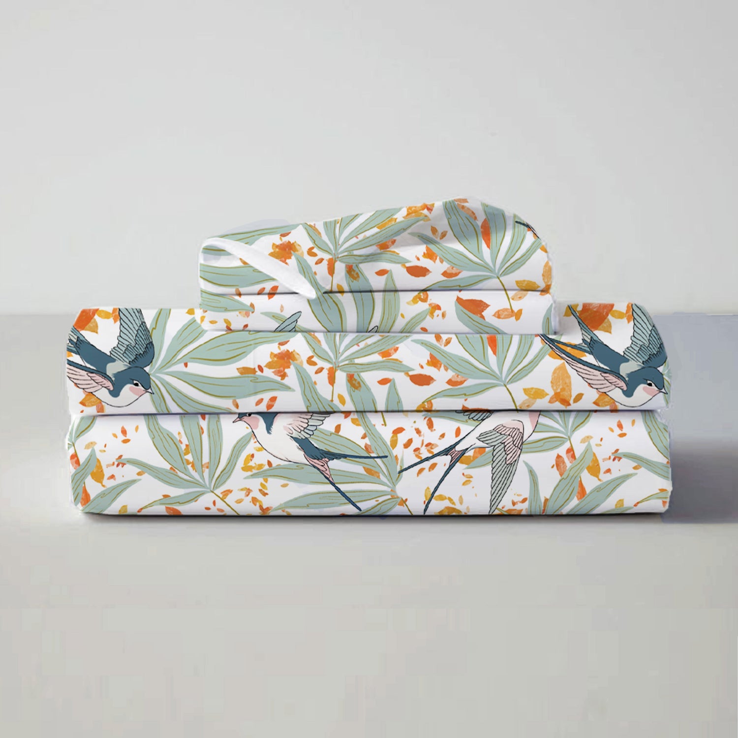 Fall Bird Flora Bedsheet (Queen) + Golden Piping (2 Pack)