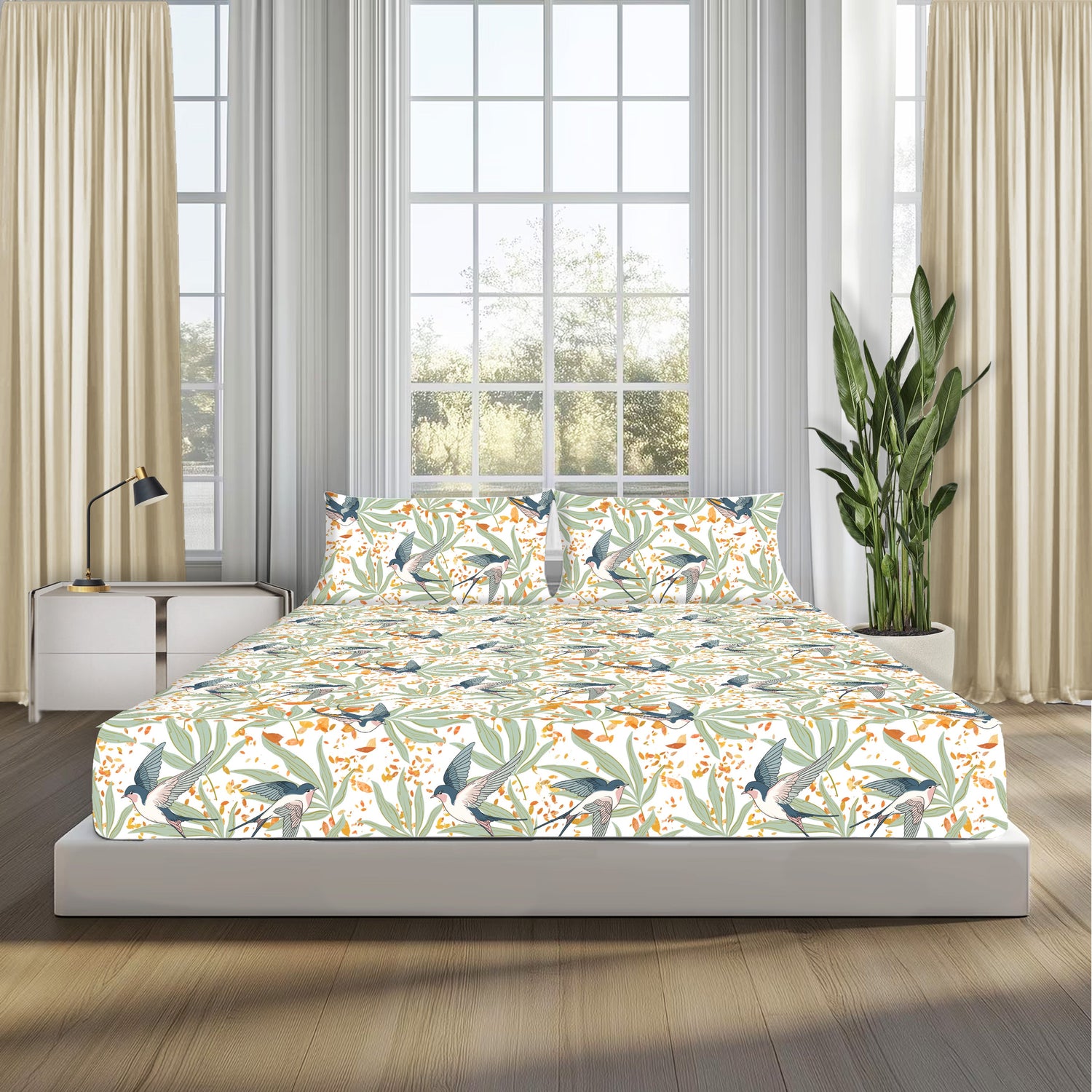Fall Birds Flora, 100% Cotton Double Bedsheet, 180 TC