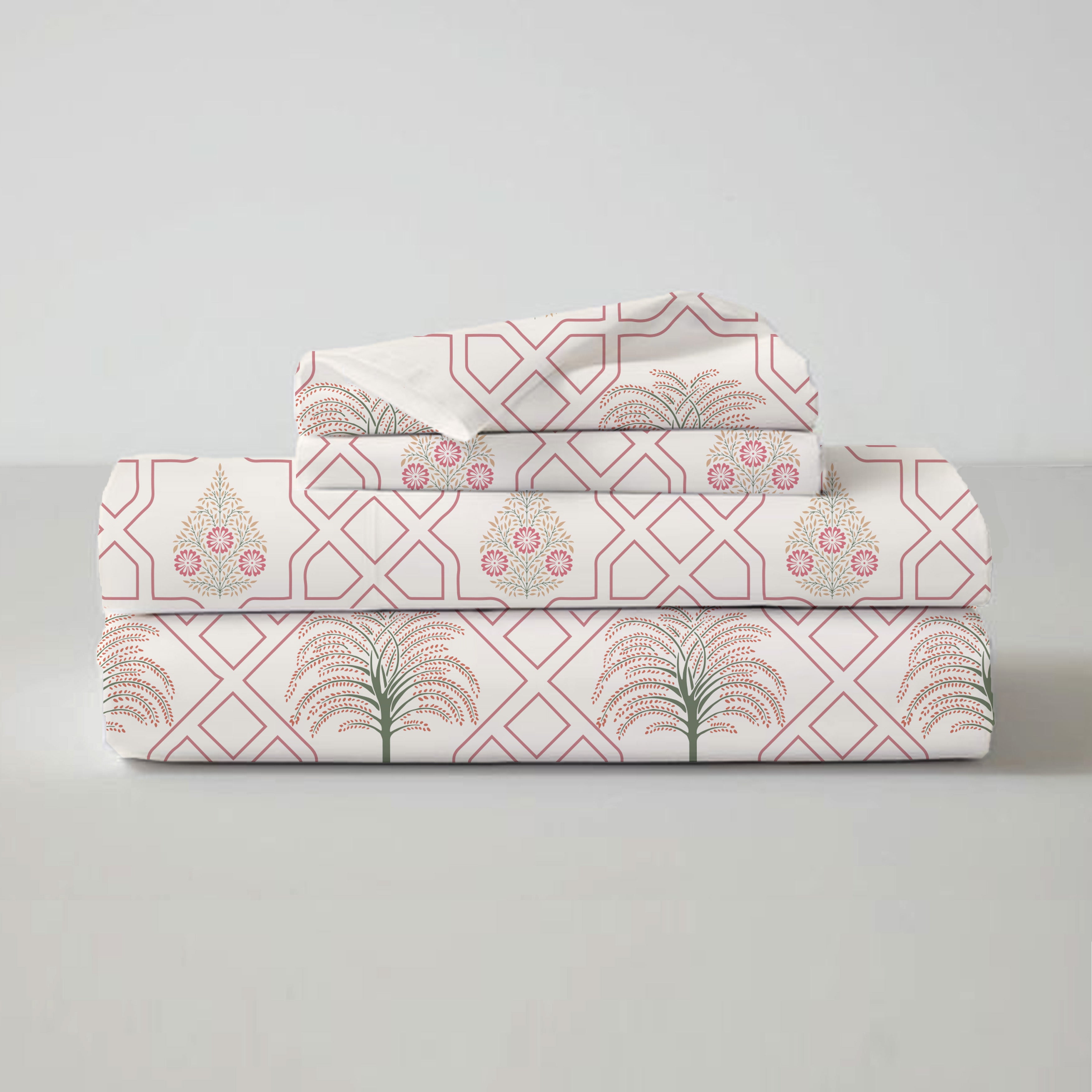 Palm Tree Jaipuri Maze in Ivory - Pink, 100% Cotton Double Bedsheet, 180 TC
