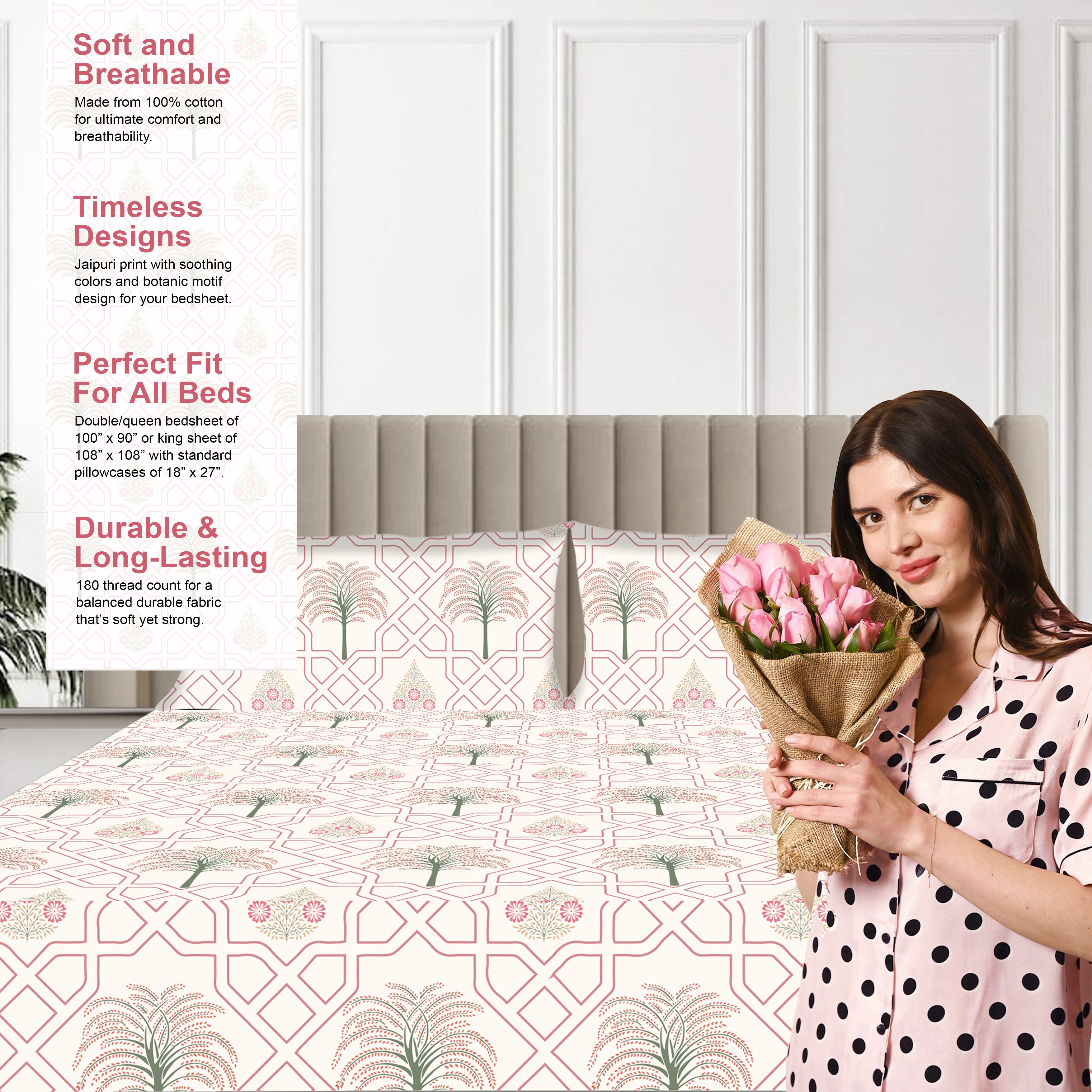Palm Tree Jaipuri Maze in Ivory - Pink, 100% Cotton Double Bedsheet, 180 TC