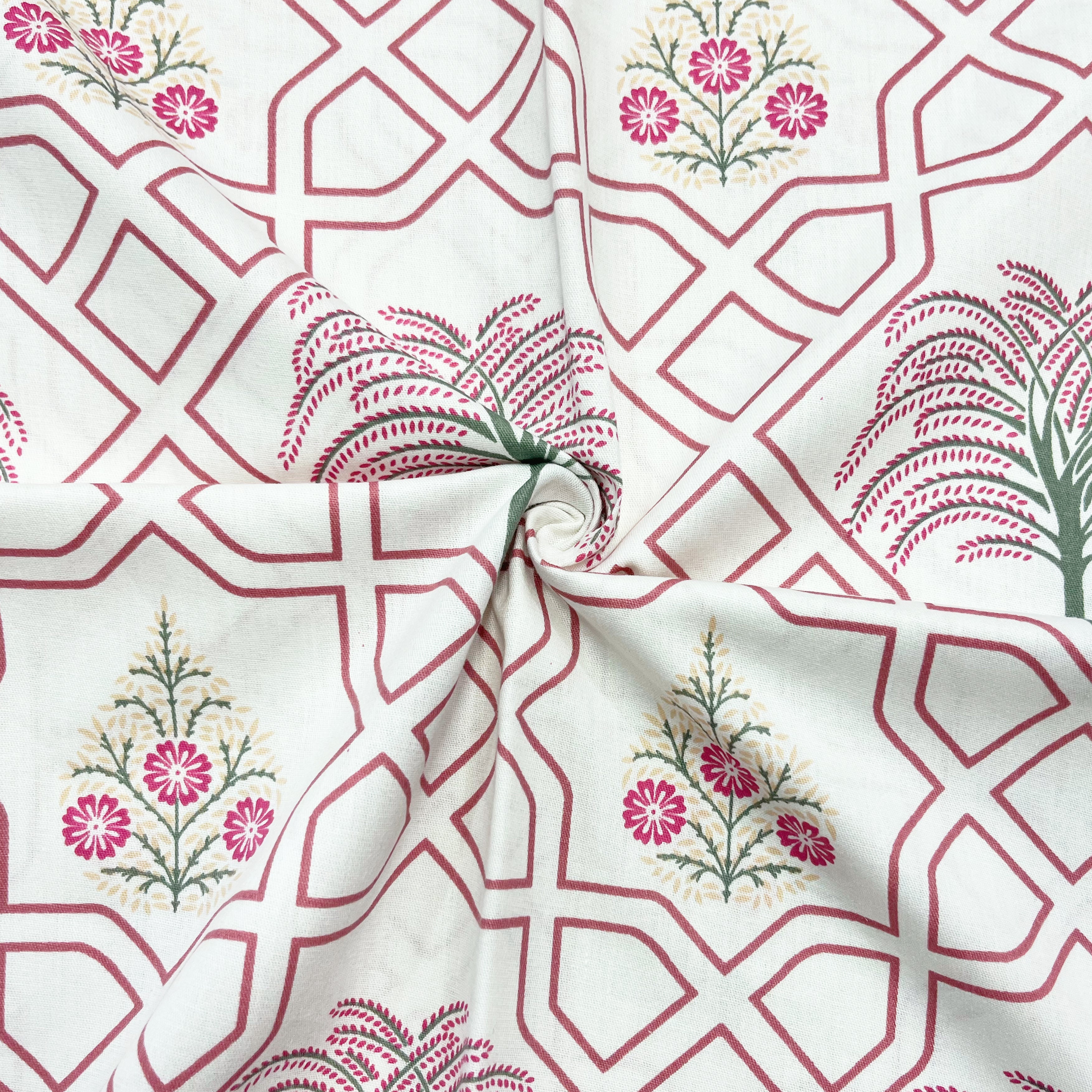 Palm Tree Jaipuri Maze in Ivory - Pink, 100% Cotton Double Bedsheet, 180 TC