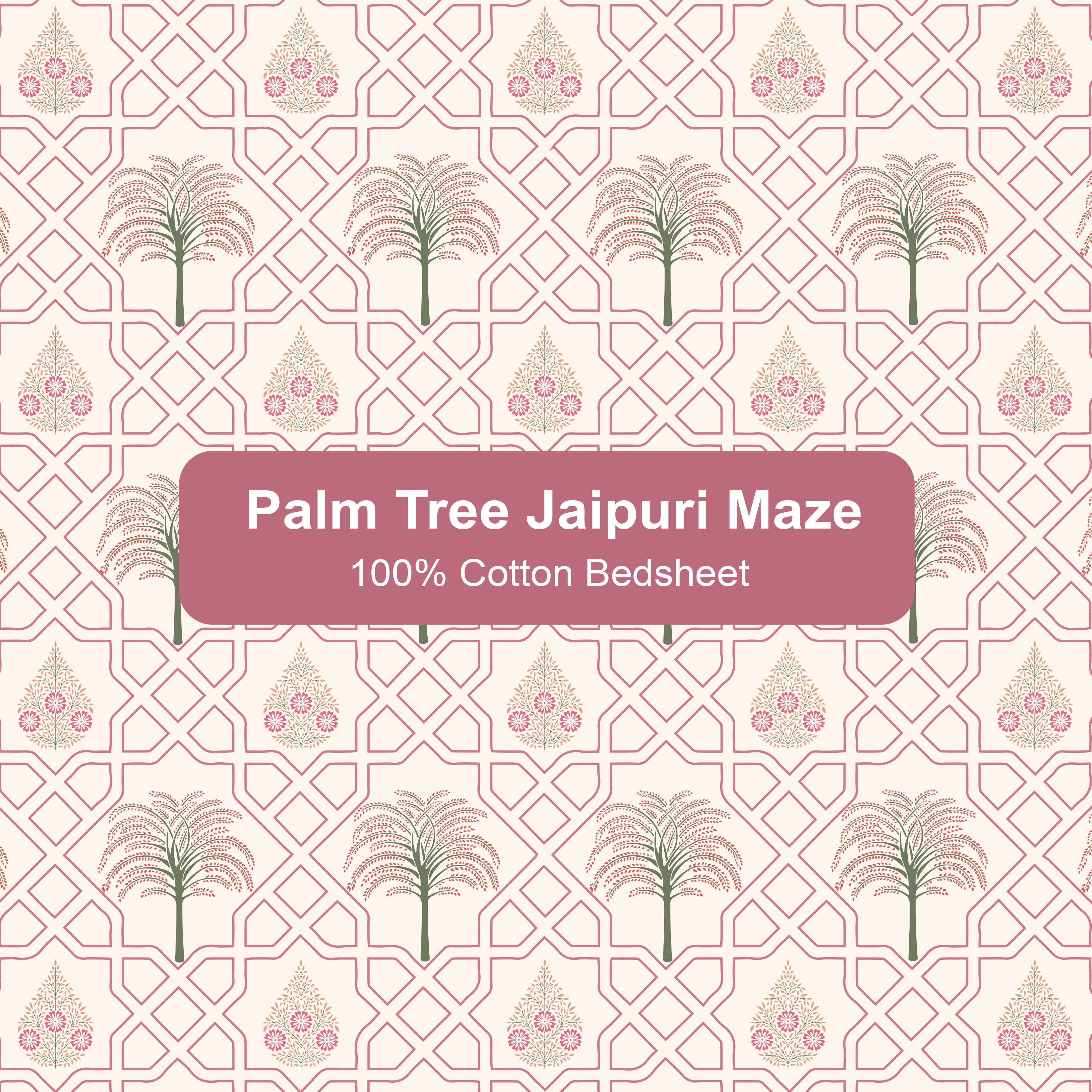 Palm Tree Jaipuri Maze in Ivory - Pink, 100% Cotton Double Bedsheet, 180 TC