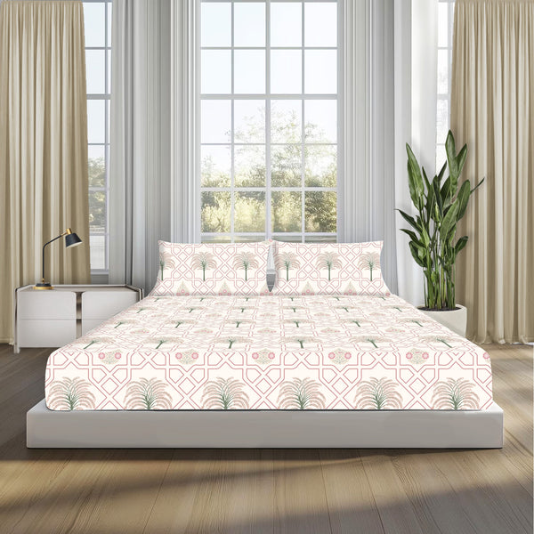Palm Tree Jaipuri Maze in Ivory - Pink, 100% Cotton Double Bedsheet, 180 TC