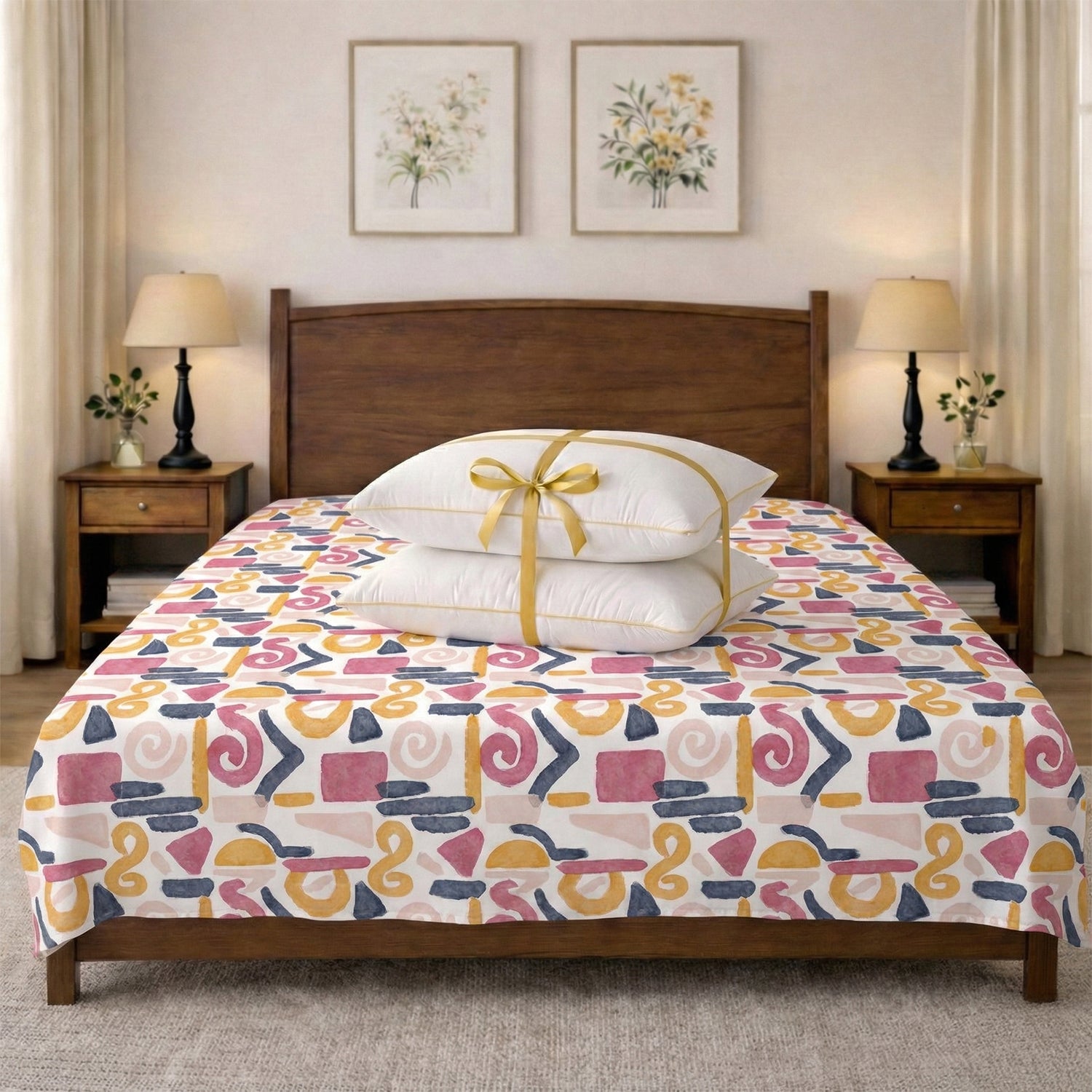 Vibrant Abstract Art Bedsheet (Queen) + Golden Piping (2 Pack)