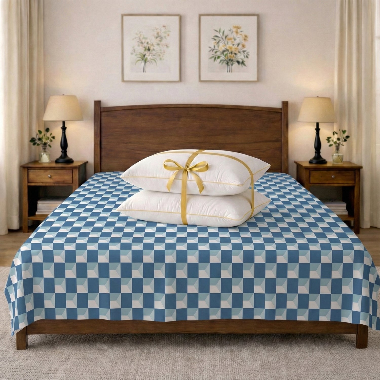 Window Maze Bedsheet (Queen)+ Golden Piping (2 Pack)