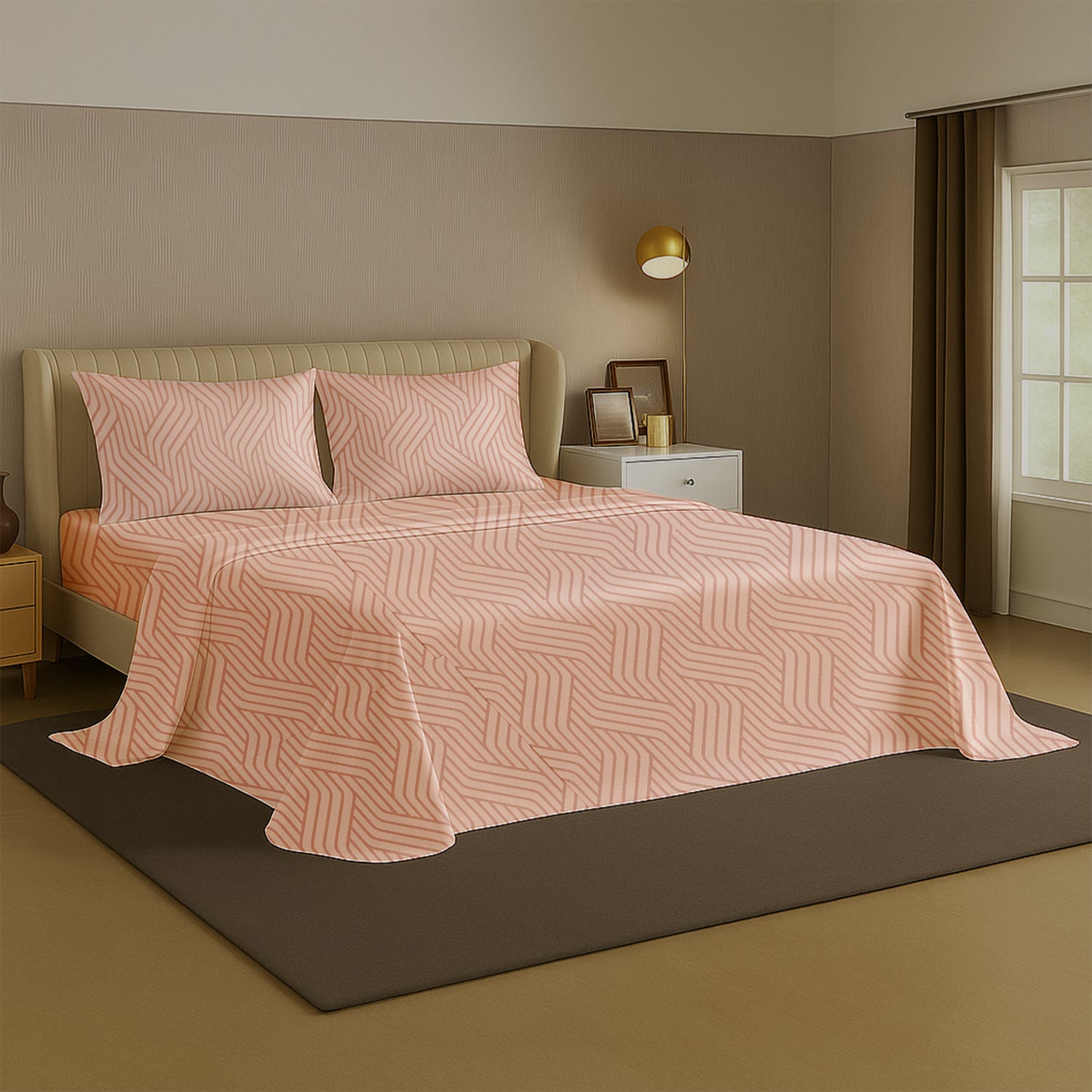 Champagne Waves, 100% Satin Double Bedsheet, 300 TC with 2 Pillow Cover | Queen Size Bedsheets