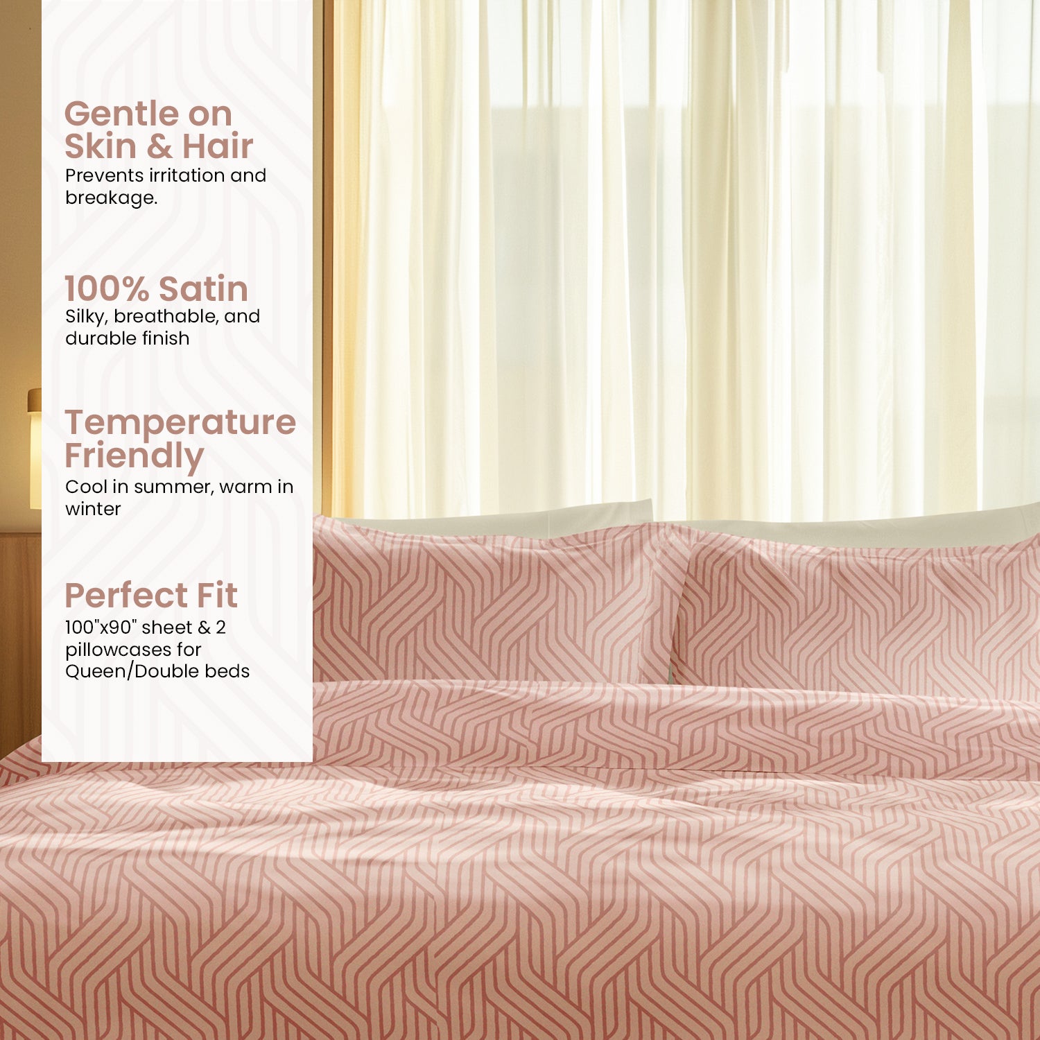 Champagne Waves, 100% Satin Double Bedsheet, 300 TC with 2 Pillow Cover | Queen Size Bedsheets