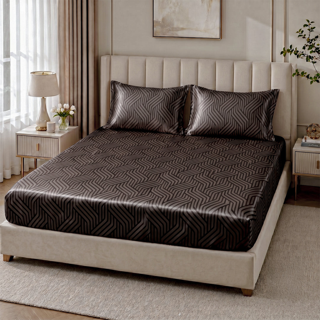 Cocoa Waves, 100% Satin Double Bedsheet, 300 TC with 2 Pillow Cover | Queen Size Bedsheets