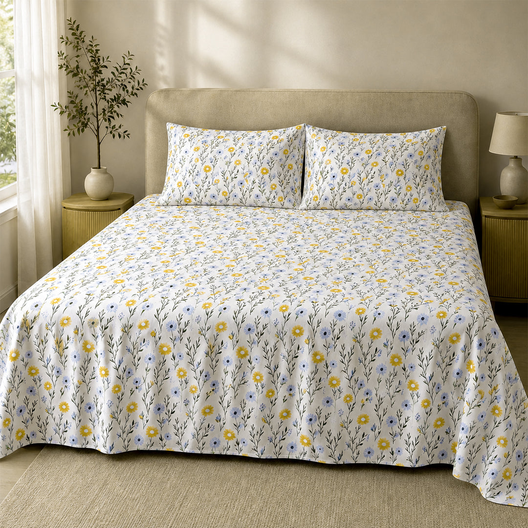 Ditsy Florals, 100% Cotton Double Bedsheet, 180 TC with 2 Pillow Cover