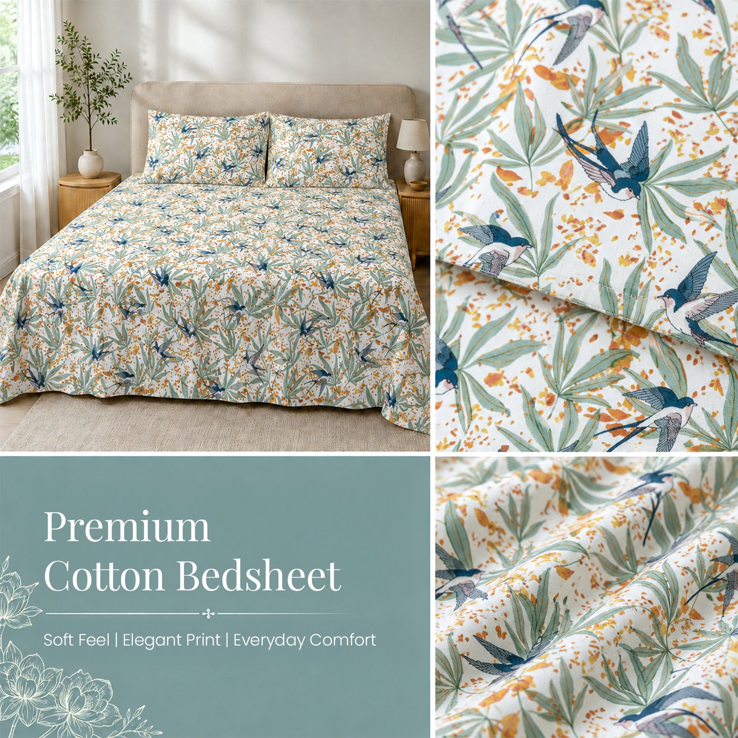 Fall Birds Flora Cotton Double Bedsheet
