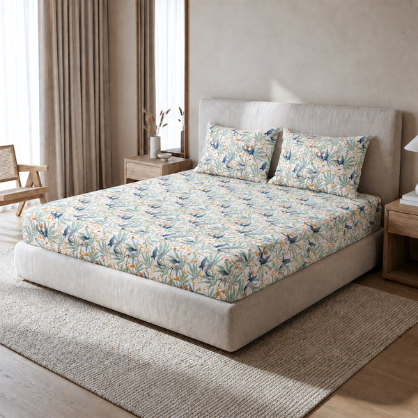 Fall Birds Flora, 100% Cotton Double Bedsheet, 180 TC