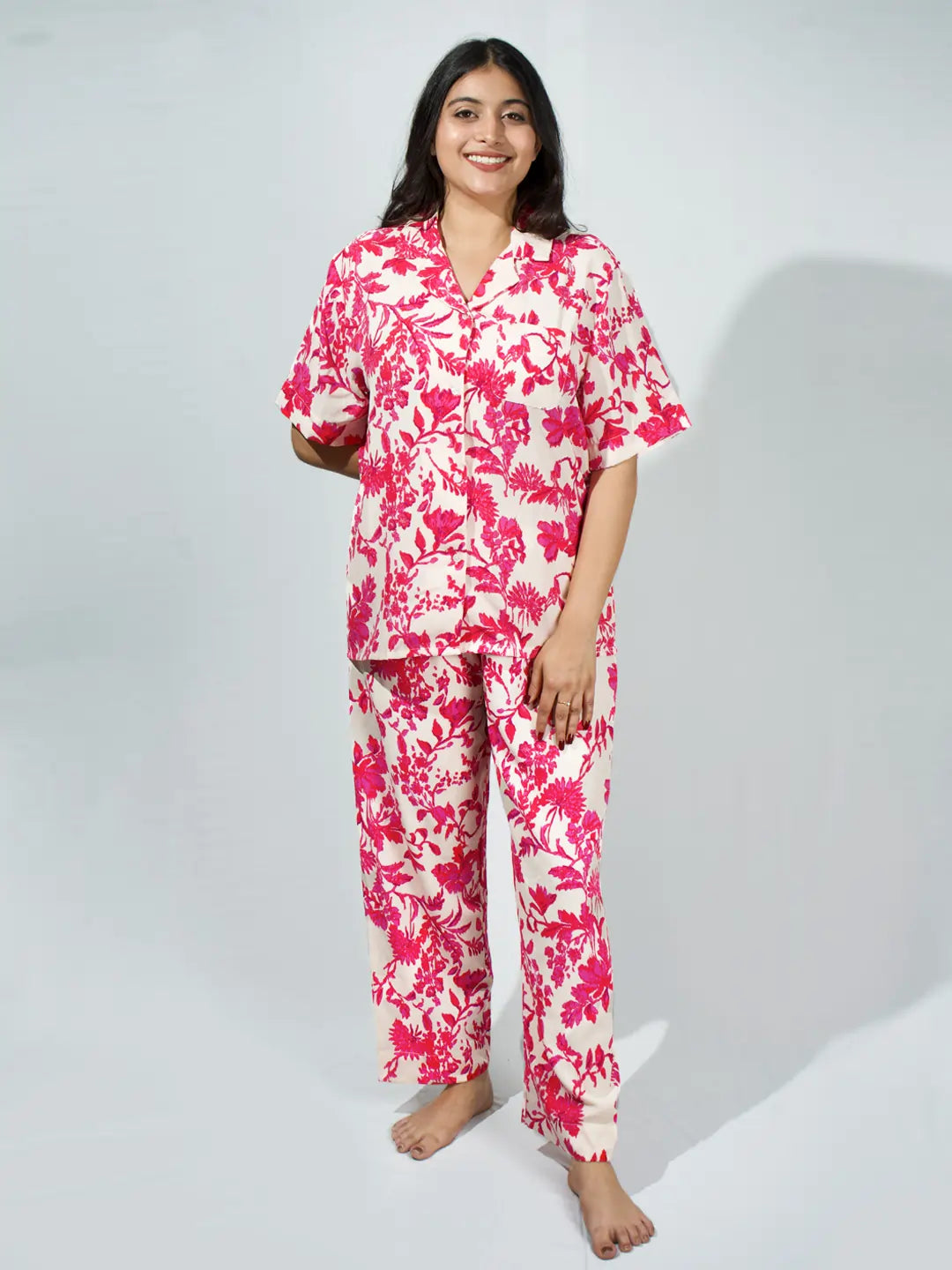 Women’s Hot Pink & Ivory Floral Half Sleeve Shirt & Pajama Set