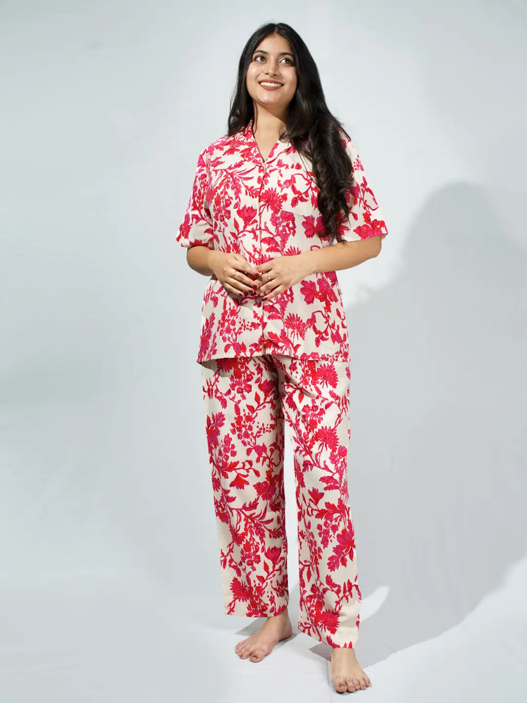 Women’s Hot Pink & Ivory Floral Half Sleeve Shirt & Pajama Set