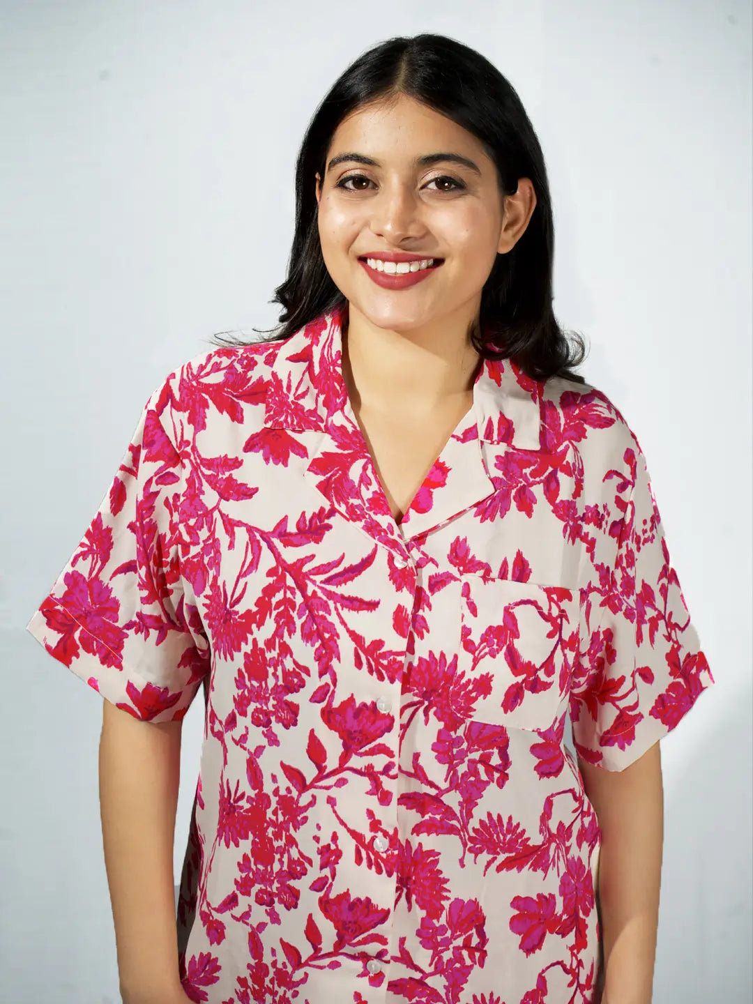 Women’s Hot Pink & Ivory Floral Half Sleeve Shirt & Pajama Set