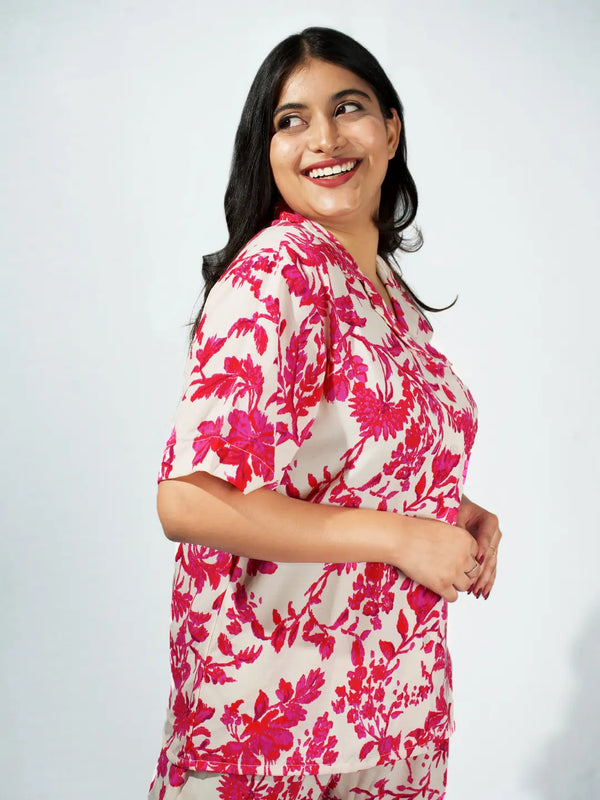 Women’s Hot Pink & Ivory Floral Half Sleeve Shirt & Pajama Set