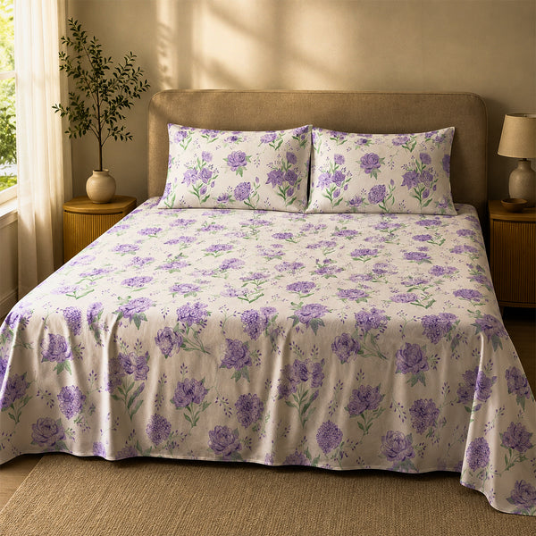 Lavender Primerose, 100% Cotton Double Bedsheet, 180 TC with 2 Pillow Cover