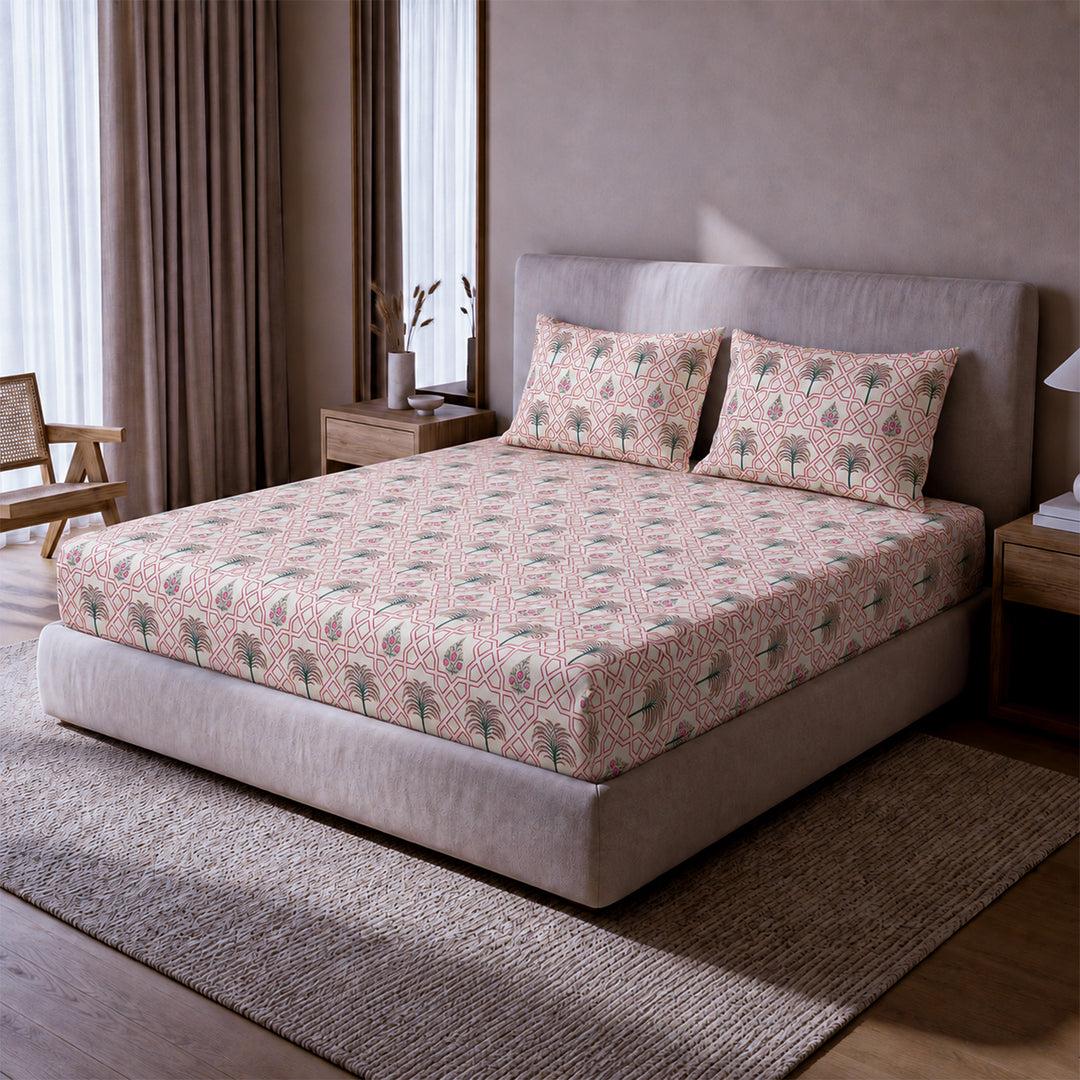 Palm Tree Jaipuri Maze in Ivory - Pink, 100% Cotton Double Bedsheet, 180 TC
