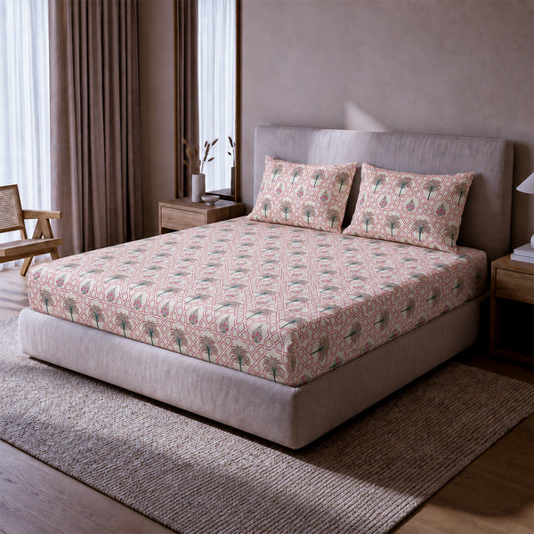 Palm Tree Jaipuri Maze in Ivory - Pink, 100% Cotton Double Bedsheet, 180 TC