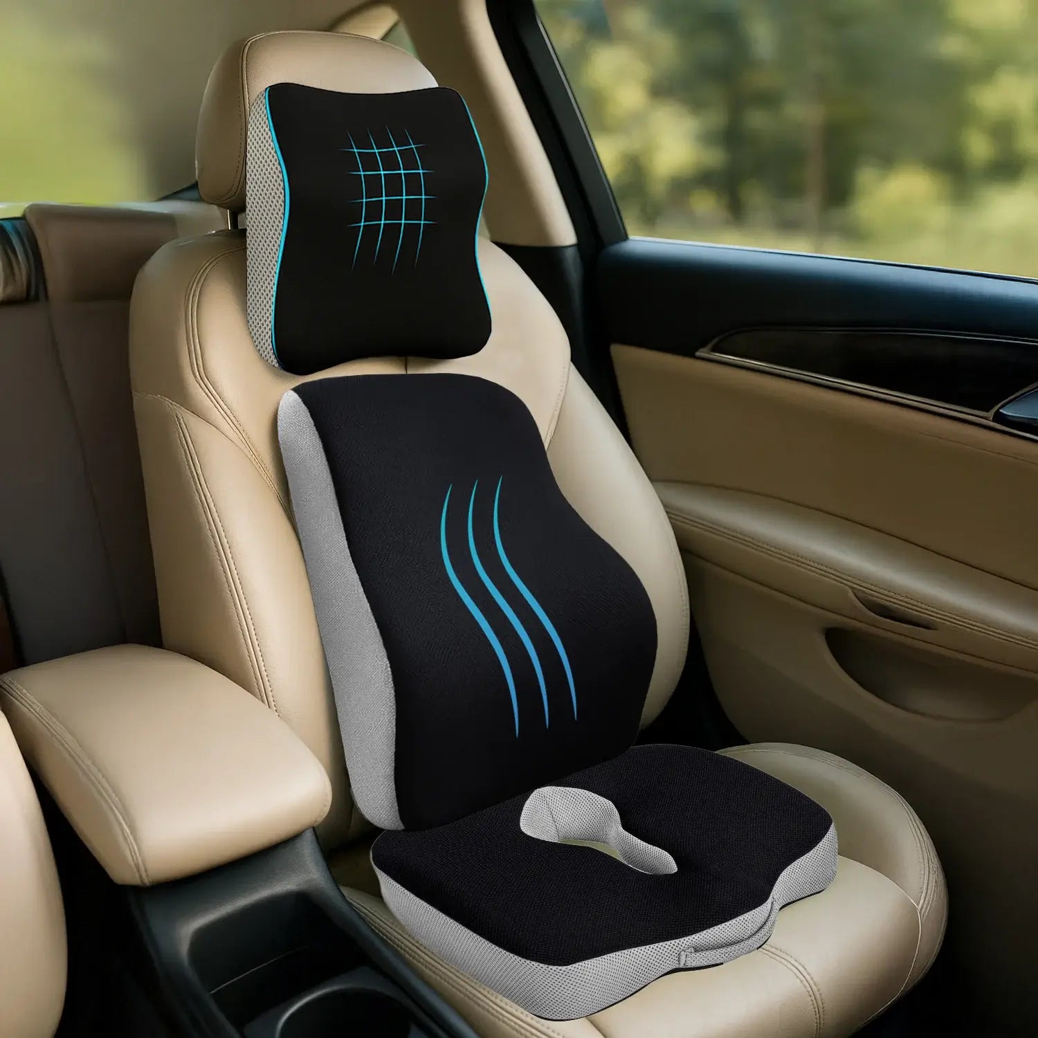 Car Neck Rest, Lumbar Backrest, & Coccyx Seat Cushion
