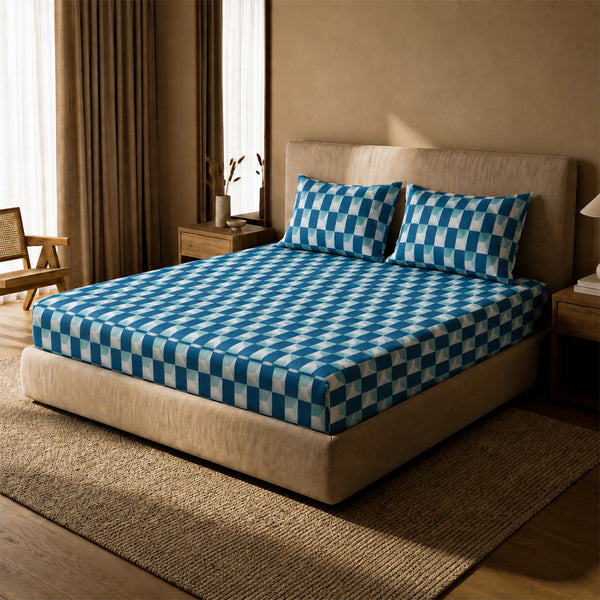 Window Maze in Teal-Blue, 100% Cotton Double Bedsheet, 180 TC with 2 Pillow Cover