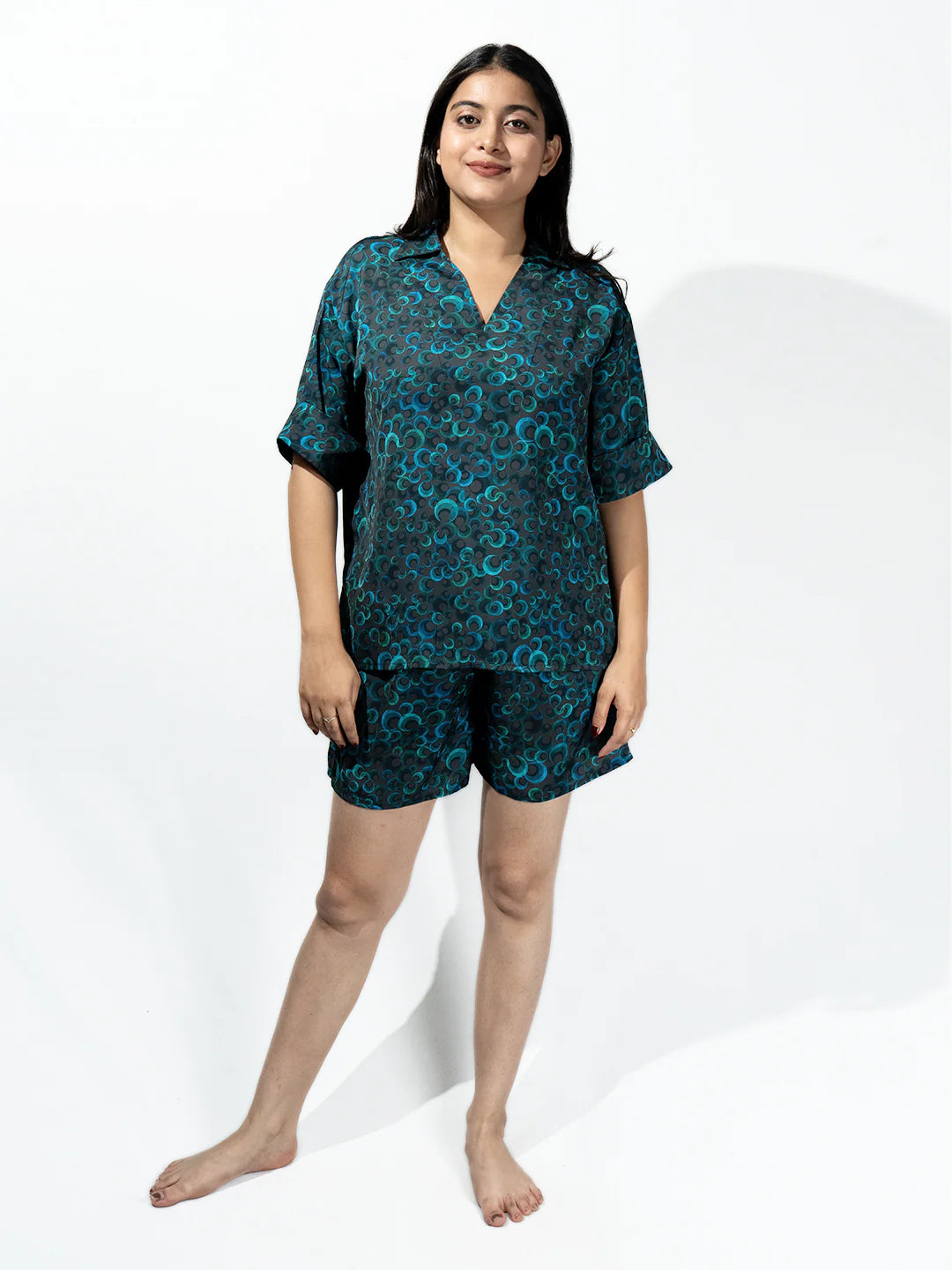 Women’s Black Bubble Print Relaxed V-Neck Top & Shorts Set