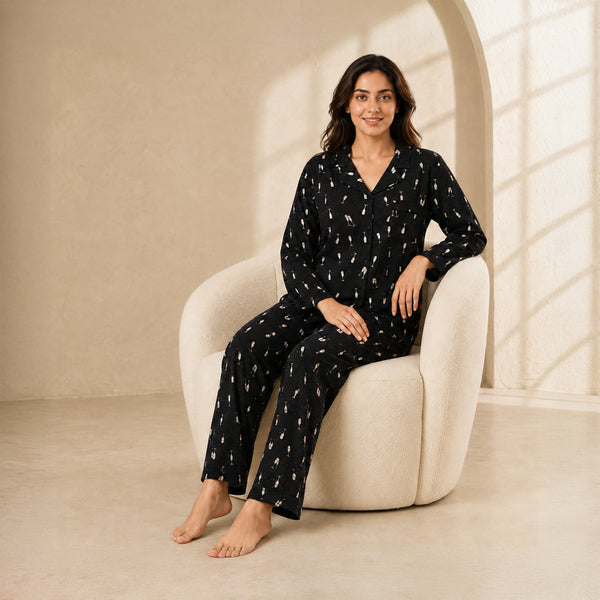 Women's Black Champagne, Full Sleeves Ruffle Shirt & Pyjama Night Set