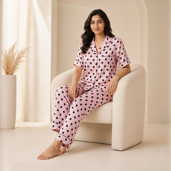 Women's Blush Pink Polka Dot Satin, Half Sleeves Shirt & Pyjama Night Set