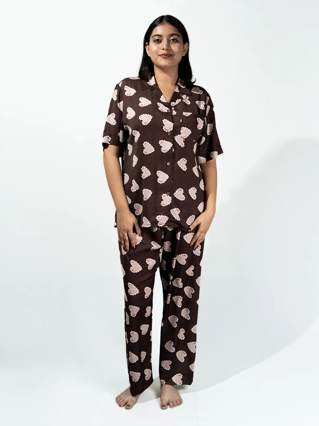 Women’s Deep Brown Inverted Scallop Hearts Printed Half Sleeve Shirt & Pajama Set