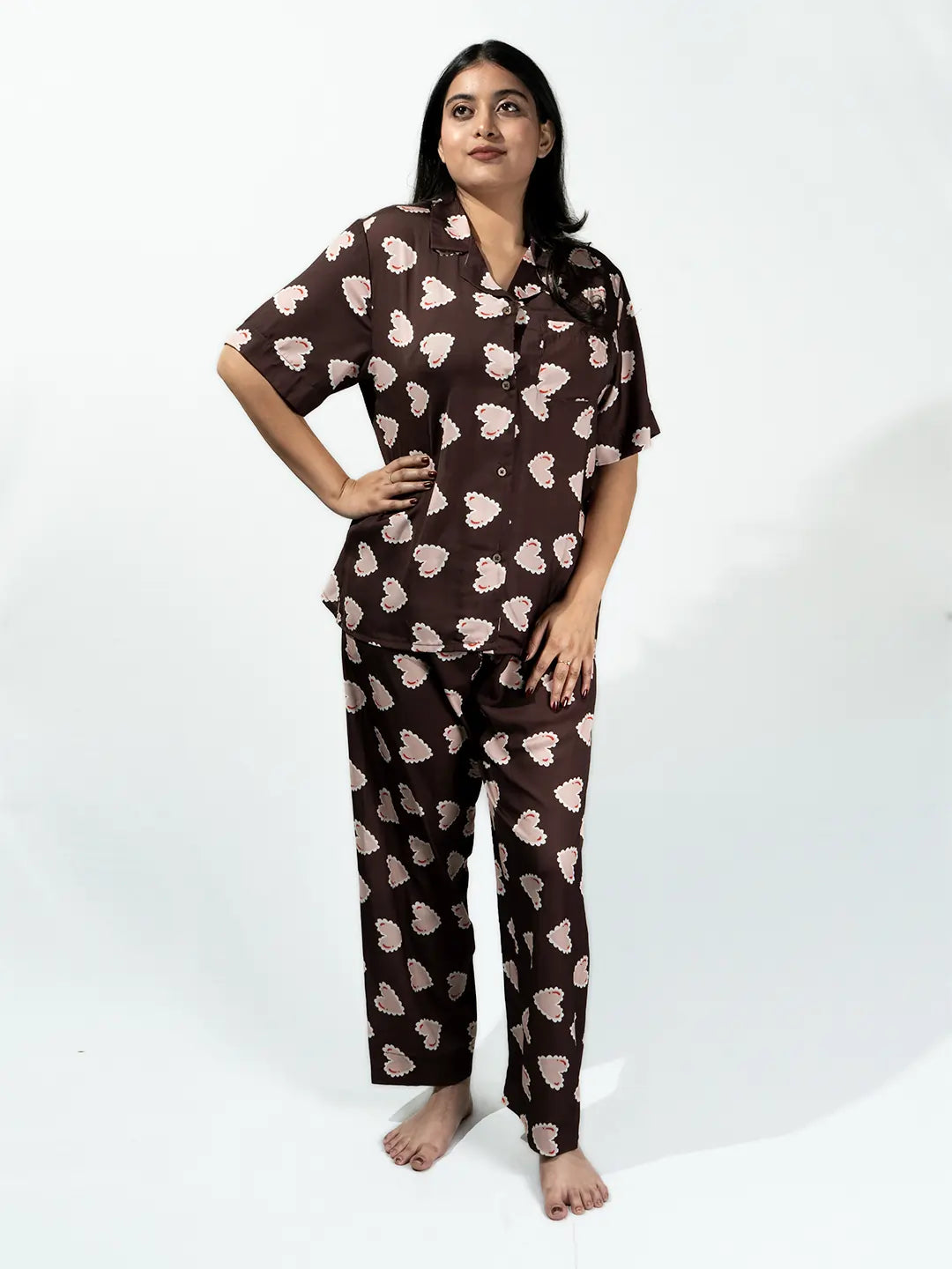 Women’s Deep Brown Inverted Scallop Hearts Printed Half Sleeve Shirt & Pajama Set