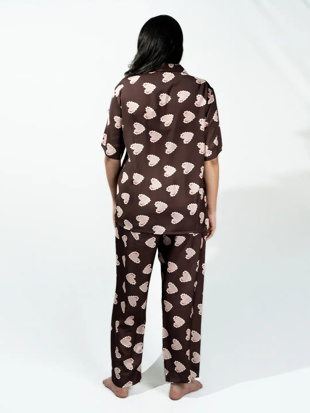 Women’s Deep Brown Inverted Scallop Hearts Printed Half Sleeve Shirt & Pajama Set