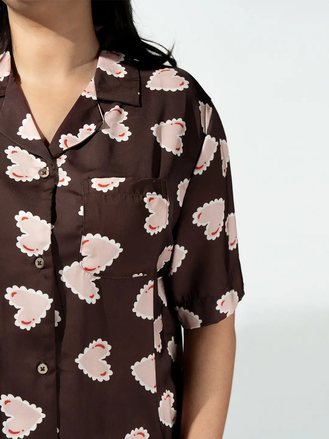Women’s Deep Brown Inverted Scallop Hearts Printed Half Sleeve Shirt & Pajama Set