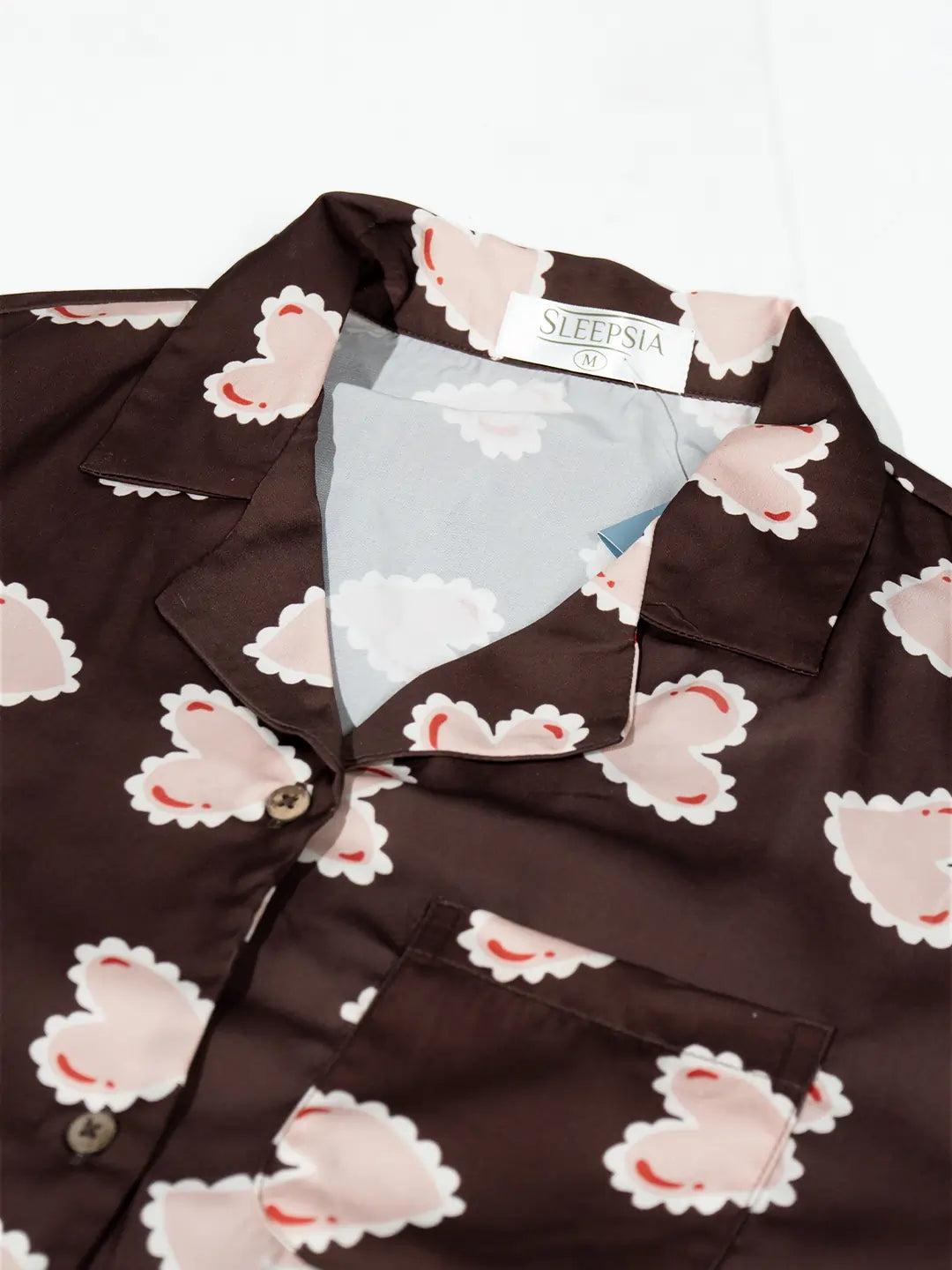 Women’s Deep Brown Inverted Scallop Hearts Printed Half Sleeve Shirt & Pajama Set